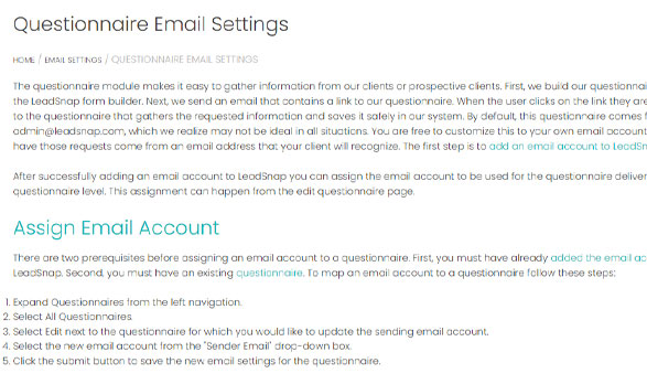 Questionnaire Email Settings